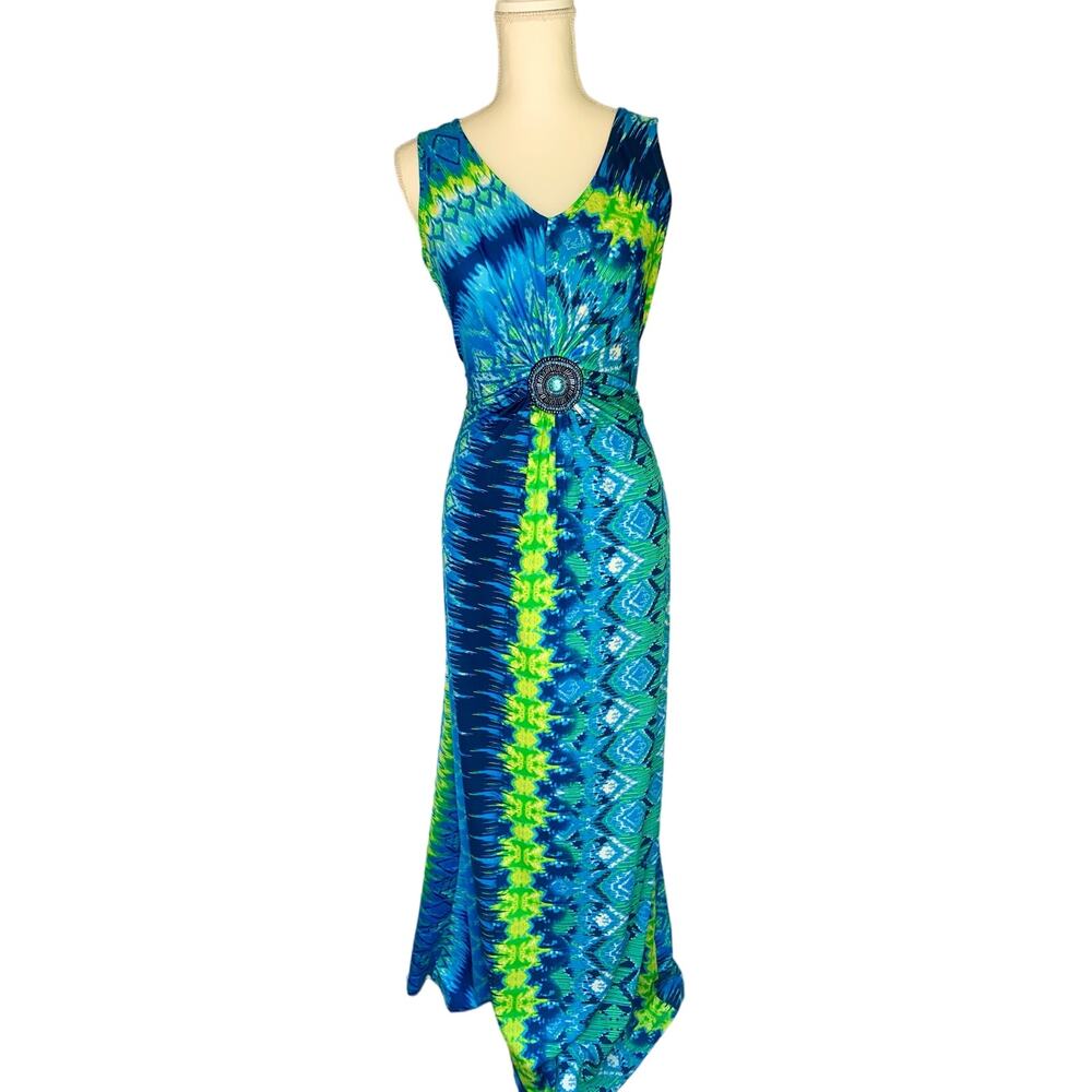 Nina Leonard Blue and Green Maxi Dress with beaded centerpiece Women's sz Medium